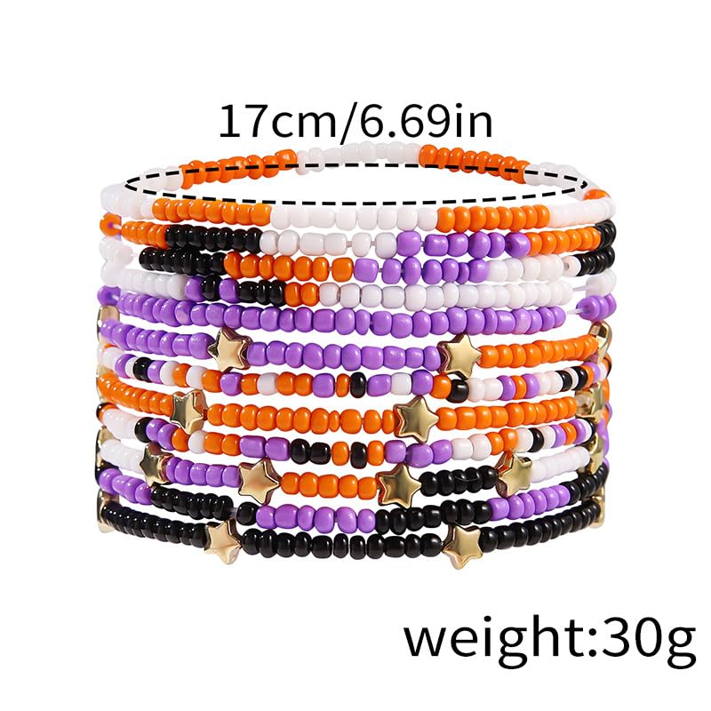 Cute Halloween Beads Bracelets Set Orange Black Boho Stackable Adjustable Multi Layer Stretch Bangle Bracelet Costumes for Women Men as Halloween Party Vacation Friendship Gifts-12pcs