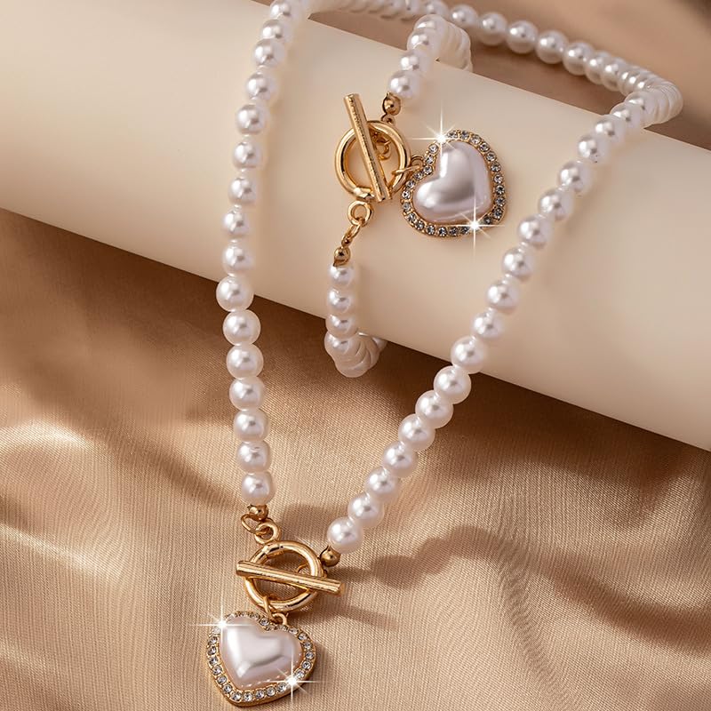 Pearl Necklace for Women Dainty Pearl Necklace Timeless Jewelry christmas gifts friendship gifts for women - color: G-Heart shaped pearl jewelry set