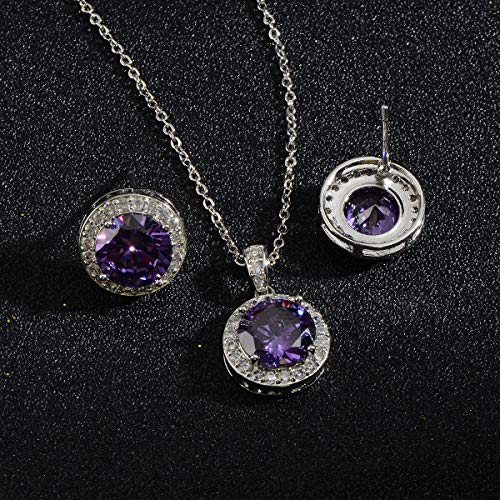 Bridal Crystal Jewelry Set - Sterling Silver Round Cubic Zirconia CZ Rhinestone Halo Birthstone Pendant Necklace Stud Earrings Set for Wedding Bride Bridesmaids Birthday Gift - color: Amethyst Violet