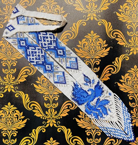 Long Beaded Necklace – Boho Native Handmade Seed Bead Tassel Necklace, Bohemian Large Statement Beaded Necklace for Women - color: White Royale Blue
