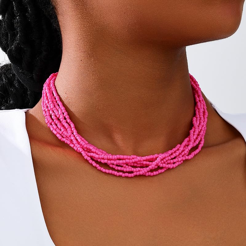 Colorful Multi-layered Seed Beaded Necklace Choker For Women Bohemian Handmade Crystal Stone Gemstone Hawaiian Necklace Holiday Birthday Summer Beach Jewelry Gift - color: Rose Pink