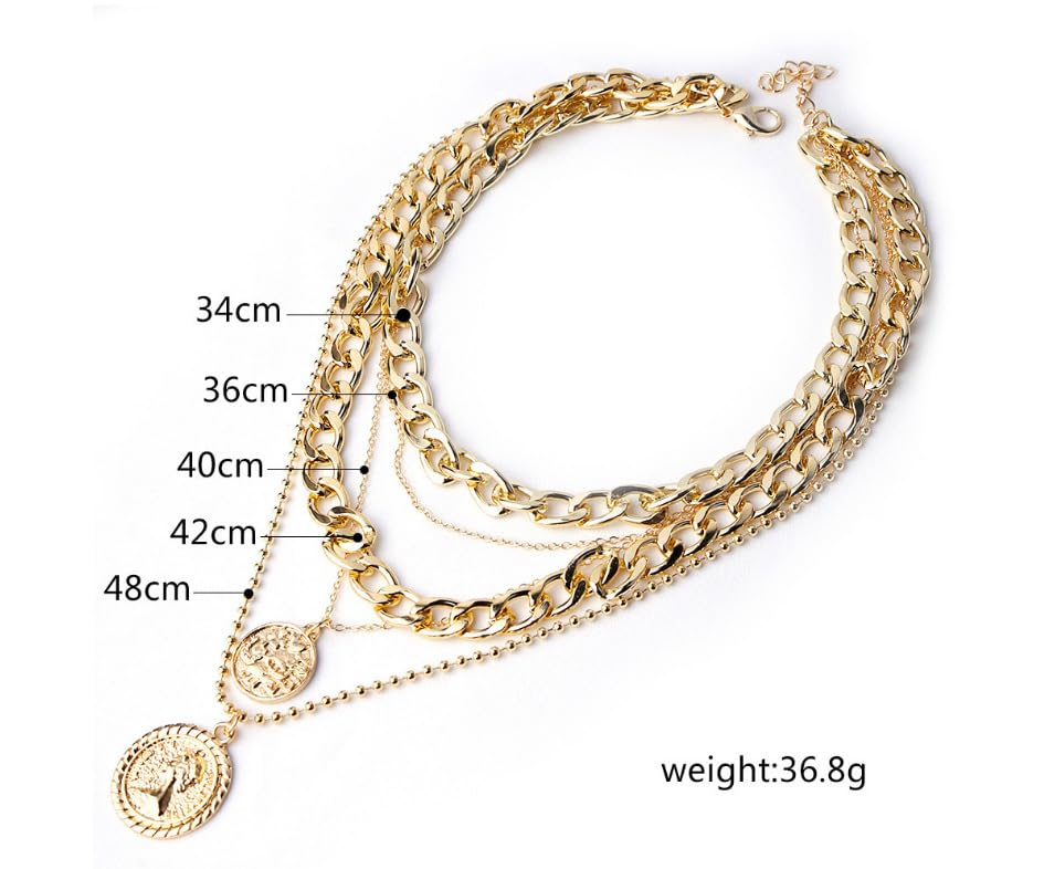 Todenb Layered Gold Pirate Necklace for Women Chunky Chain Pirate Jewelry 80s 90s Coin Pendant Necklace Pirate Costume Accessories - color: Two cir g