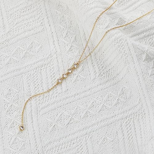 Foxgirl Lariat Gold Necklace for Women, Dainty Long Necklace 14k Gold Plated/Silver Y-Shaped Pendant Necklace Trendy Layered Cz Beaded Chain Drop Necklaces Simple Gold Jewelry For Women Gift - color: Y CZ Lariat Necklace-GD