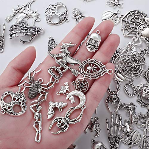 Hicarer 80 Pieces Antique Silver Pendants Gothic Charms Halloween Charms Pendants Jewelry Making Accessory for DIY Necklace Bracelet - style: Skull
