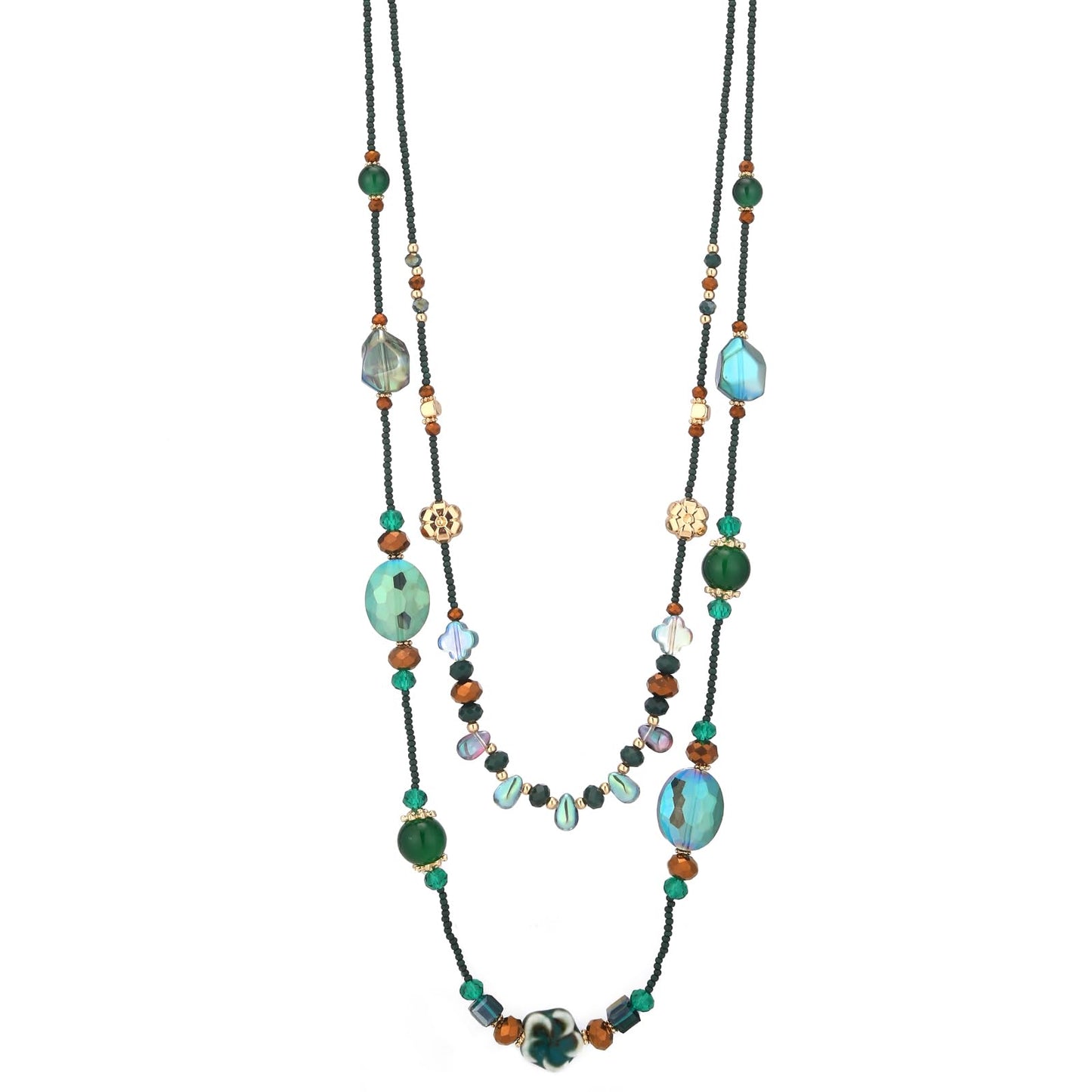 FULU AUTUMN Long Layered Beaded Necklaces for Women Statement Double Bead Strand Ceramic Flower Boho Jewelry Gifts for Mom - color: Green