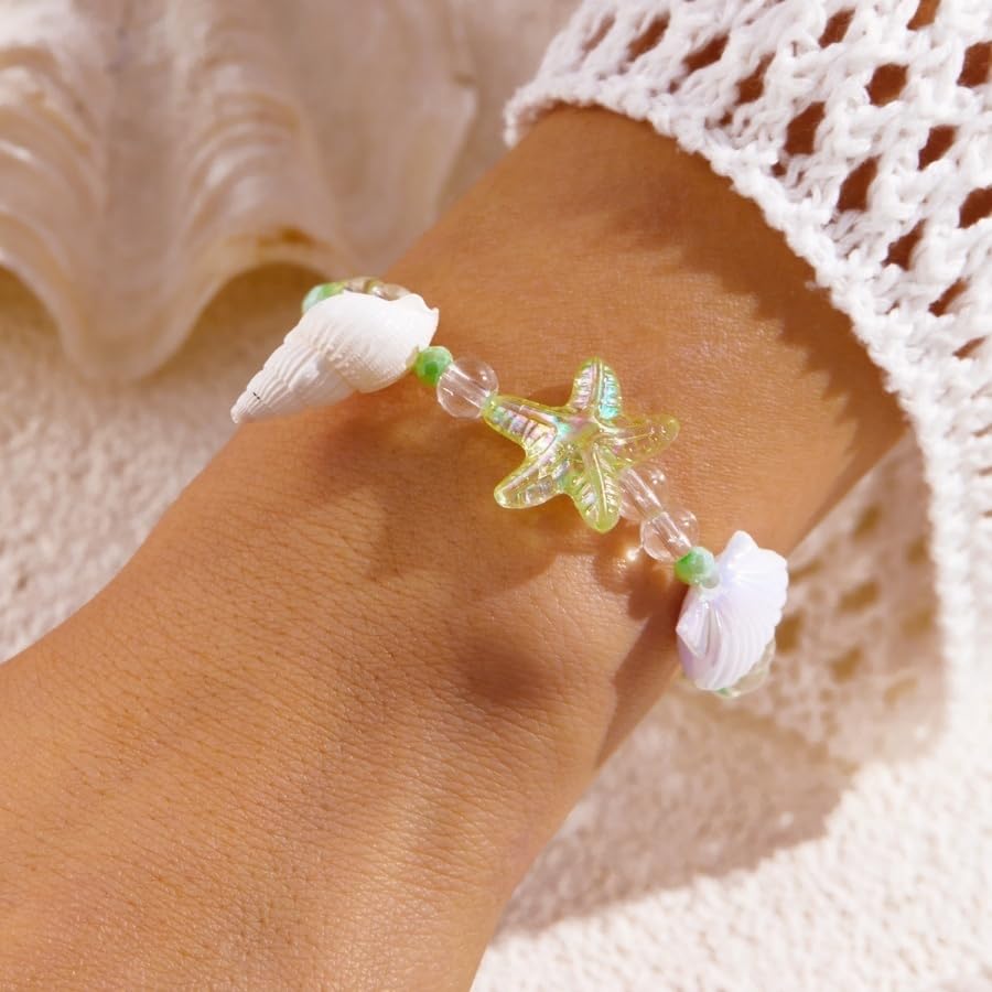 Handmade Natural Shell Starfish Beads Bracelets with a Wish Card Bohemia Sweet Seashell Conch Pearl Charm Bracelets for Women Boho Sea Themed Summer Beach Surfer Vacation Jewelry Gifts - style: StyleB