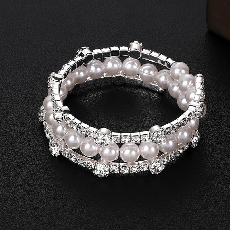 Imitition Pearl Stretch Bracelet Layers Stackable Bangle Bracelet Crystals Pearl Elastic Wristband for Women Wedding Jewelry - color: Sytle 7 Silver