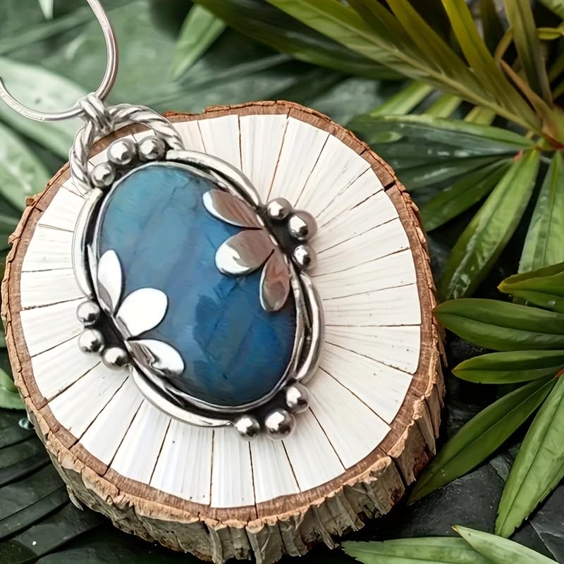 1 Pc, Silver Tone Snake Chain, Vintage Floral Labradorite Pendant Necklace, Boho Ethnic Style, Trendy Outfit Matching Jewelry (Silver)