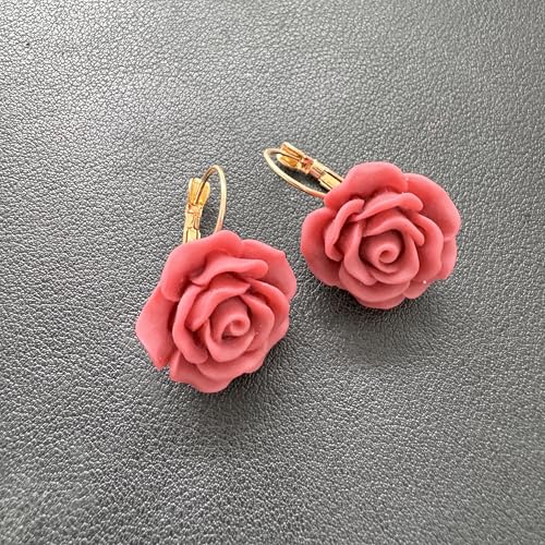 Handmade Bohemian Aesthetic Dainty Acrylic Flower Petal Leverback Earrings Sparkly 14K Gold Floral Dangle Drop Earrings for Women - color: Red