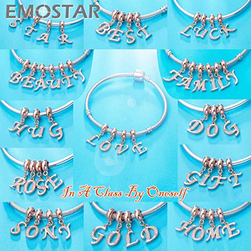 EMOSTAR Letter Charms Initial A-Z Alphabet Beads, Rose Gold 925 Sterling Silver Dangle CZ Birthstone Pendant, Gifts for European Charm Bracelet/Mothers Day/Birthday - color: Letter D