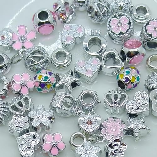 YIQIFLY Charm Bracelet Making Kit, 40 Silver Plated Beads with Pink Floral and Heart Designs (Pink) - color: Pink