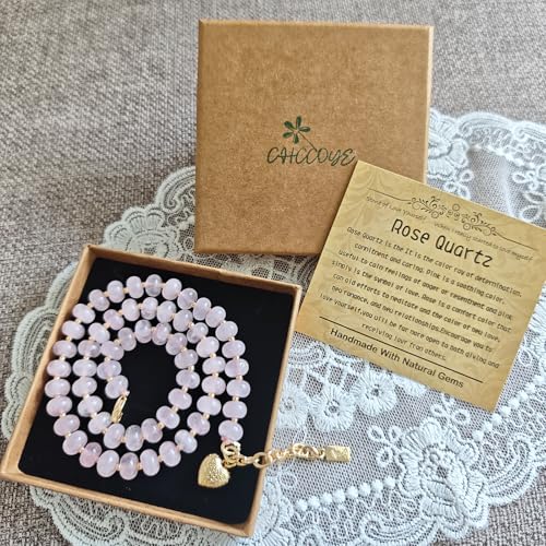 Boho Gemstone Beaded Necklace for Women – Colorful Natural Stone Choker 18K Solid Heart-Shaped Pendant, Summer Beach Jewelry - color: Rose Quartz