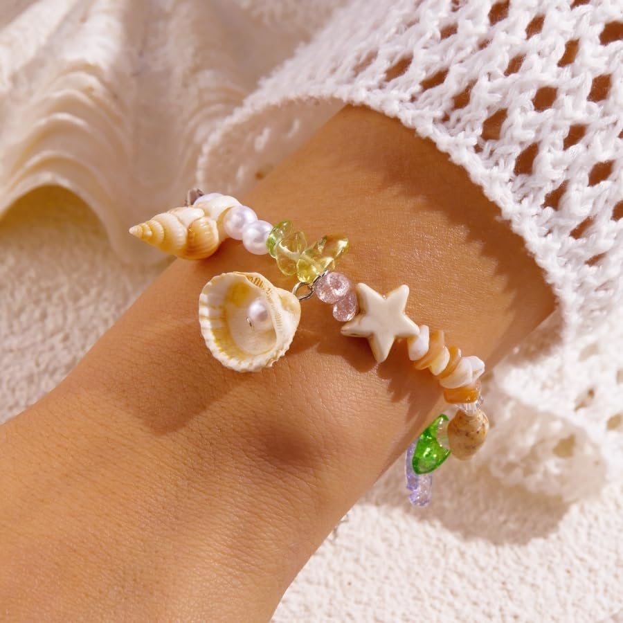Handmade Natural Shell Starfish Beads Bracelets with a Wish Card Bohemia Sweet Seashell Conch Pearl Charm Bracelets for Women Boho Sea Themed Summer Beach Surfer Vacation Jewelry Gifts - style: StyleH