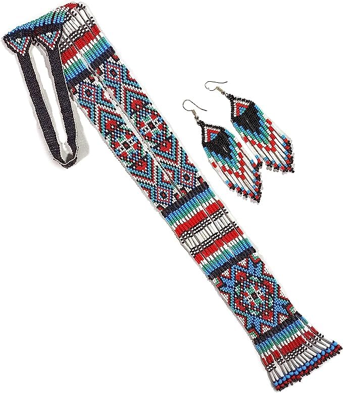 Long Beaded Necklace – Boho Native Handmade Seed Bead Tassel Necklace, Bohemian Large Statement Beaded Necklace for Women and s - color: PATTERN 18
