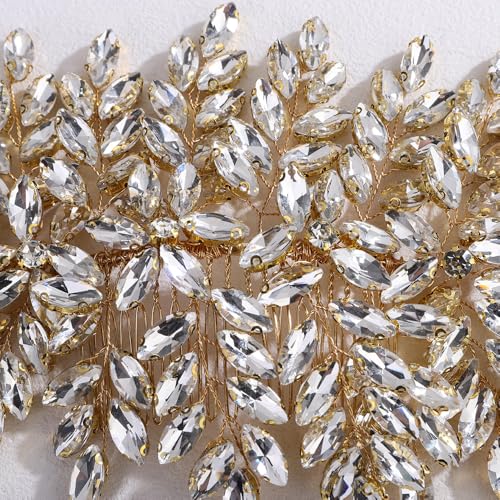 Bridal Rhinestone Hair Comb Large Rhienstone Wedding Headpiece Handmade Crystal Hair Comb for Bride Wedding Hair Accessories for Women (gold) - color: gold