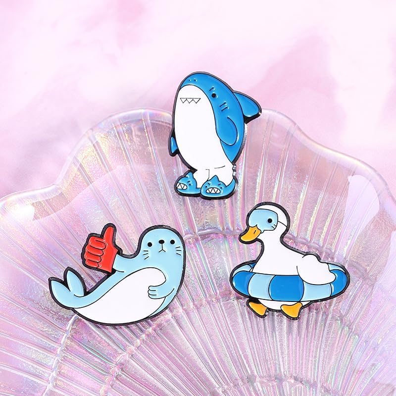Cartoon Animal Enamel Brooch Set Cute Butterfly Duck Cat Lapel Pins for Backpacks Jacket Decoration Gifts for Friends - style: Marine Animals