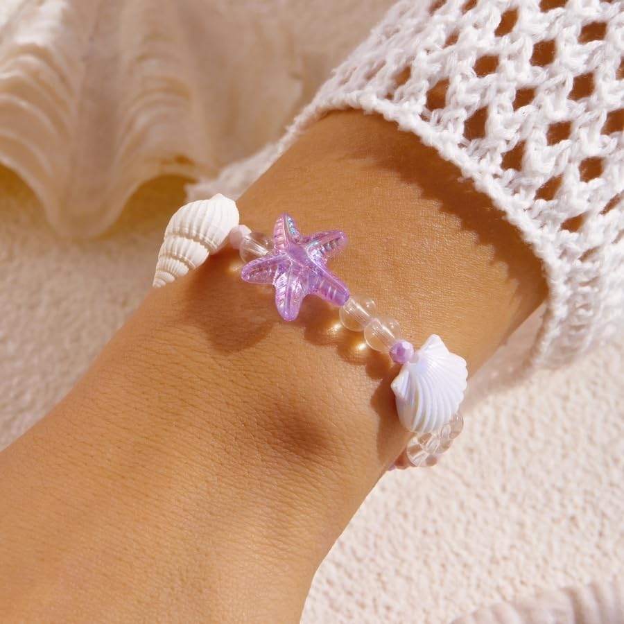Handmade Natural Shell Starfish Beads Bracelets with a Wish Card Bohemia Sweet Seashell Conch Pearl Charm Bracelets for Women Boho Sea Themed Summer Beach Surfer Vacation Jewelry Gifts - style: StyleA