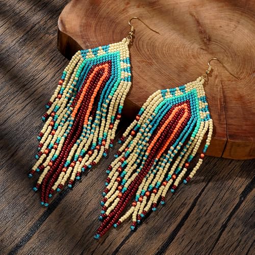 Bohemian Tassel Colorful Beaded Earrings For Women Trendy, Long Fringe Feather Drop Jewelry Handmade Gifts. - color: color2