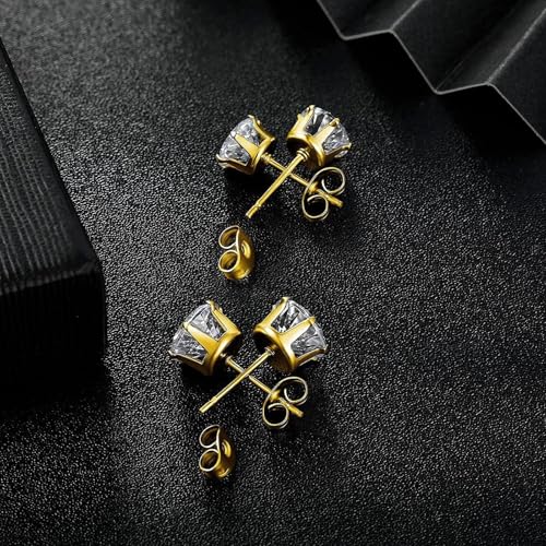 MDFUN 6 Pairs Stud Earrings Sets 3-8MM 18K Gold Plated Round 5A+ Cubic Zirconia Earrings Hypoallergenic CZ 6 Prong Ears Jewelry for Women - color: 6MM-Yellow Gold