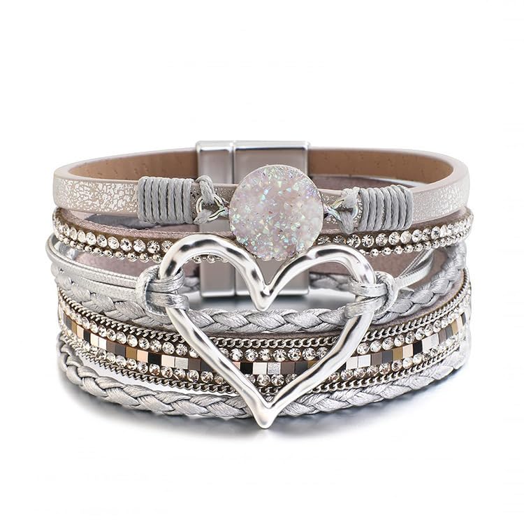 Fuqimanman2020 Heart Leather Wrap Bracelets Boho Stackable Cuff Bangles Resin Stone Rhinestone Bracelets with Clasp Christmas Jewelry Gift for Women - color: Grey