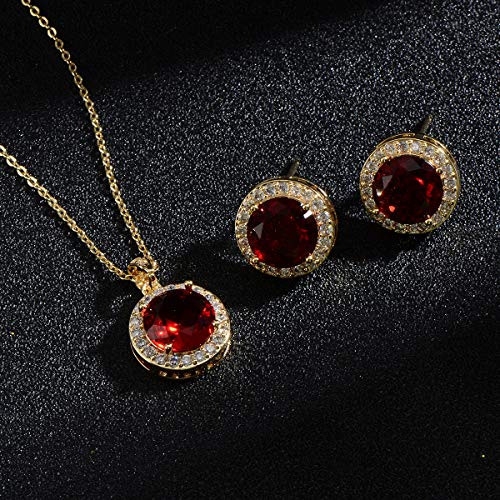 Bridal Crystal Jewelry Set - Sterling Silver Round Cubic Zirconia CZ Rhinestone Halo Birthstone Pendant Necklace Stud Earrings Set for Wedding Bride Bridesmaids Birthday Gift - color: Ruby Red