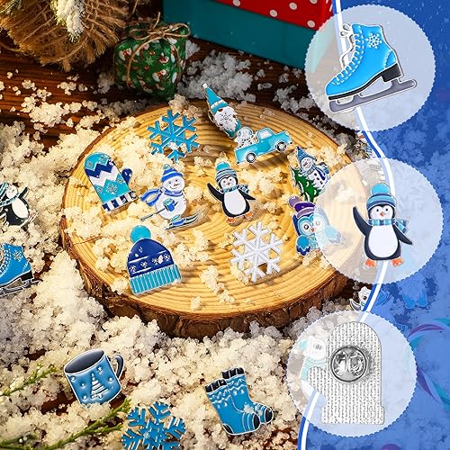 Giegxin 40 Pcs Winter Pins Bulk Snowflake Snowman Blue and White Brooch Holiday Lapel Pin Polar Bear Penguin Jewelry for Backpack Clothes Bags Accessories Gifts - style: Snowflake