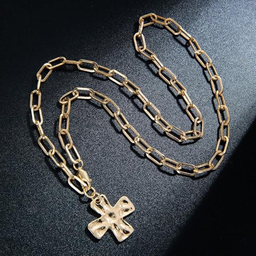 Chunky Cross Necklace for Women,Gold Silver Layered Hammered Cross Pendant Necklace Statement Paperclip Toggle Charm Chain Herringbone Snake Choker Christian Jewelry Outfit Accessories - color: BGold