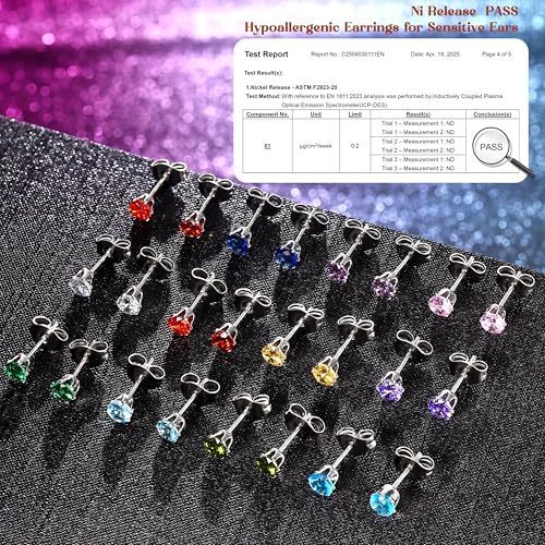 LOYALLOOK 12 Pairs Stainless Steel Cubic Zirconia Stud Earrings, Brilliant Cut Round CZ Earrings set, Birthstone Stud Earrings for Women - style: 5#: 4mm 12 pairs