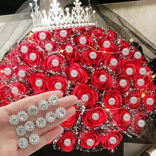 XGNG 24PCS Silver Alloy Diamond Flower Rhinestone Wedding Corsage Bouquet Pins - Round Diamond Crystal Floral Pins for Wedding Bridal Decoration