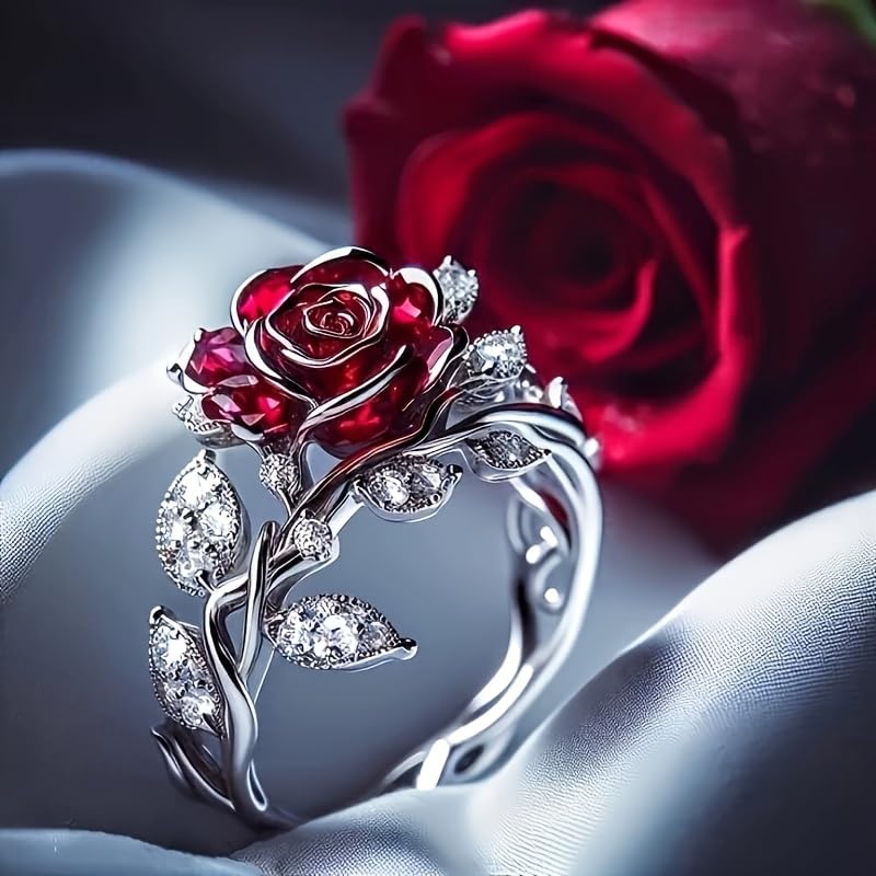 1PC Silver Red Rose Shape CZ Ring, Floral Themed Design, Filigree Leaf Detail, Statement Finger Accessory (Silver&Red)
