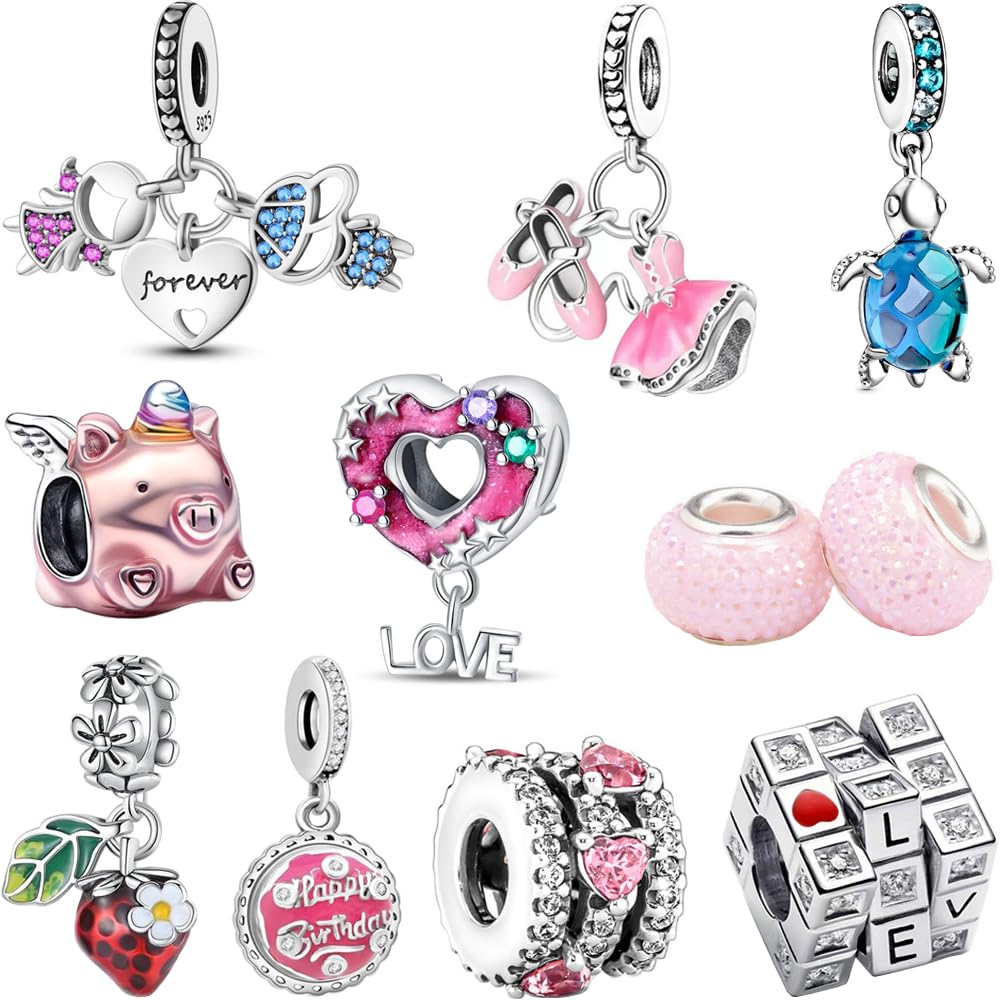 10 Pack Silver Bead Charms Compatible with Charms Bracelet Necklace, Silver Charms for Bracelets for Women, the Pendant Dangle Beads with Cubic Zirconias Are the Perfect Jewelry Gift for Women, Ideal for Christmas, Birthdays, Mother's Day, and Valentine's