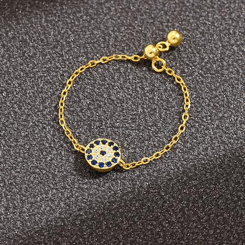 925 Sterling Silver Adjustable Link Chain Rings for Women Daughter | Dainty 14k Gold Plated Evil Eye/Cross/Flower Ring Sparkly Twist Rope with Bead Dangle Stackable Ring Jewelry Birthday Gifts - color: Style 7-Gold