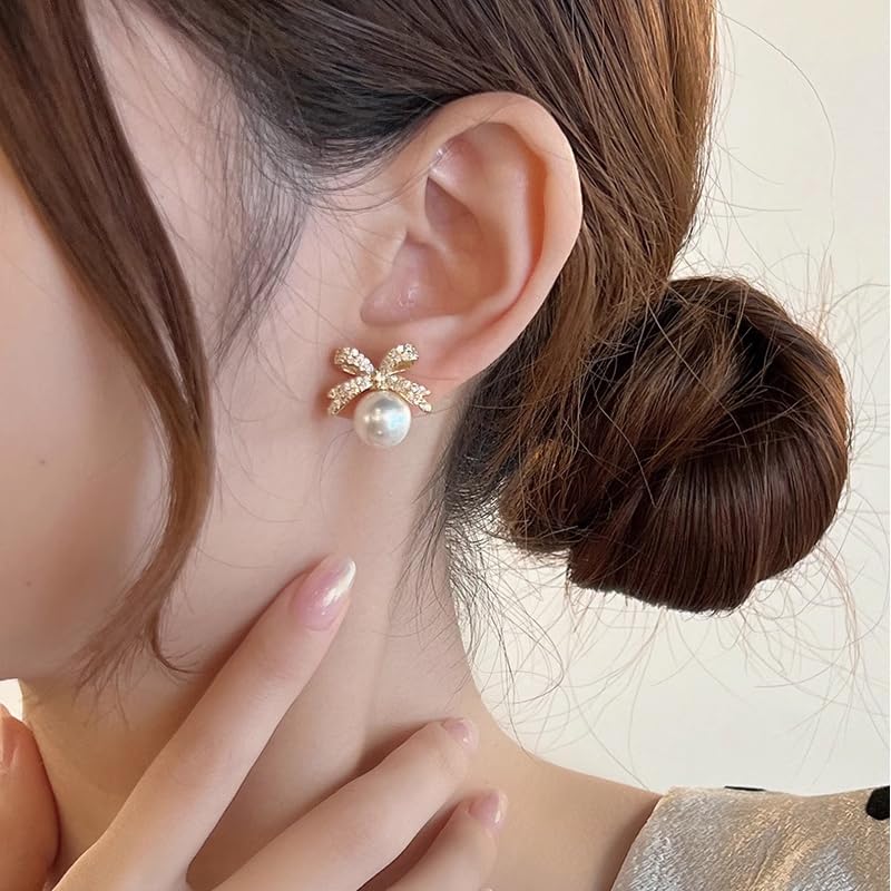 Gold Bow Earrings for Women, Long Tassel Chain Drop Earrings, Trendy Small Bow Earrings, Ribbon Waterfall Dangling Earrings, Pearl Bow Earrings, Sparkly Elegant Bowknot Preppy Jewelry Gifts for Women - color: Gold Bow-J