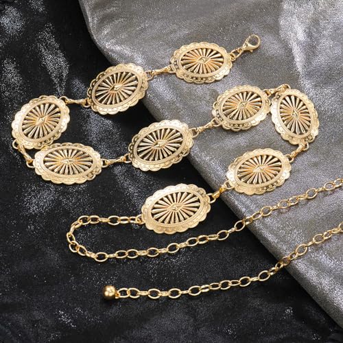 Women's Concho Chain Belt Western Cowgirl Metal Waist Chain | Belt for Dress - color: A Gold, size: M: 47.2 in
