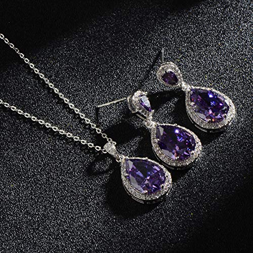 Bridal Jewelry Set for Wedding - 18k Plated Teardrop CZ Crystal Cubic Zirconia Rhinestone Necklace Earrings Set for Bride Bridesmaids Mother of Bride Party Prom Birthstone Costume Jewelry - color: Feb-Amethyst