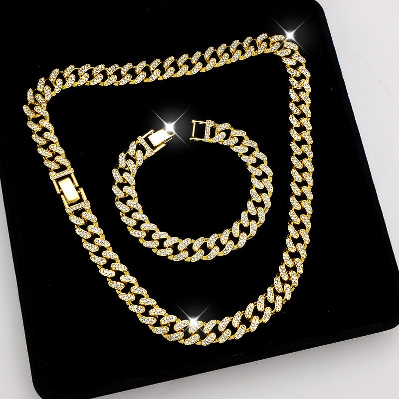 8 PcsCuban Link Chain jewelry sets for Woman with Rhinestone Necklace Bracelet Earrings Bling Diamond chunky Chain Jewelry - color: Golden A, size: 20inch