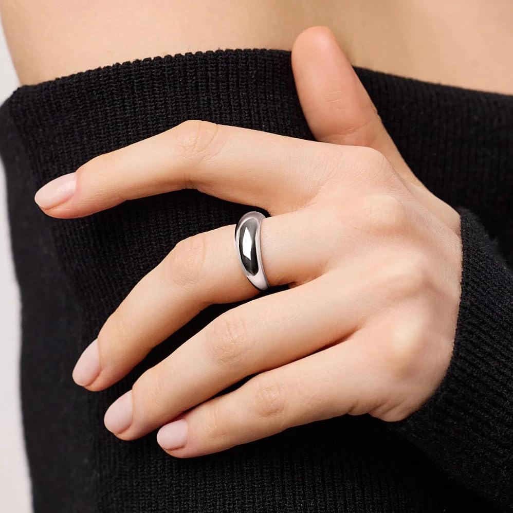Non Tarnish Gold Chunky Rings for Women, 14K Gold Plated Statement Dome Rings Stacking Silver, Adjustable Mens Eternity Wedding Band Mixed Metal Jewelry Size 3-13 - color: Silver, size: 8, style: Chunky Dome Ring