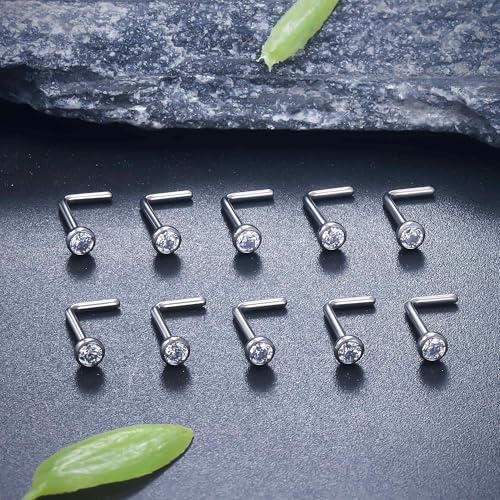 ASTM F136 Titanium Nose Rings 18G 20G 22G Jeweled Clear Cubic Zirconia Nose Studs Ring Screw L-Shaped Bone Hypoallergenic Body Piercing Jewelry for Women 1.5mm 2mm 2.5mm 3mm 10PCS - style: L-Shaped:18G(1.0mm)-2.5mm CZ