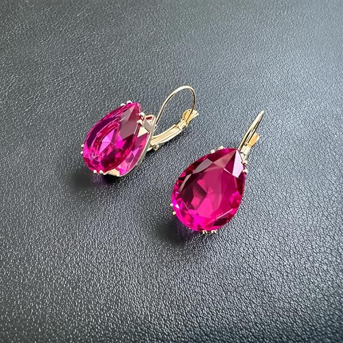 14K Gold Teardrop Crystal Leverback Earrings Sparkly Rhinestone Water Droplet Dangle Drop Earrings For Women - color: Rose Red