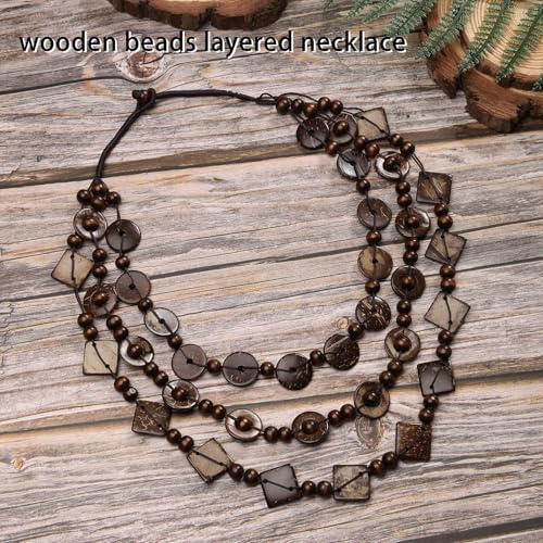 Wood Beads Necklace & Earrings for Women Chunky Multi-Layering Choker Necklace Ear Pendant - color: Multilayer