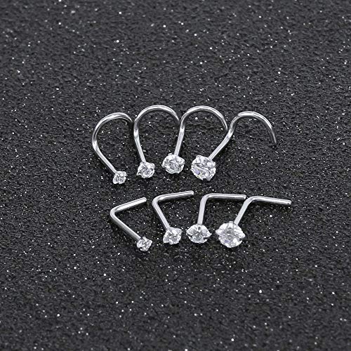 ZS 6-14PCS 20g Tiny Nose Stud Ring Piercing Surgical Steel Nose Bone/L Shaped/Nose Screws Rings Set - color: A:8pcs Mixed Style(1.5mm/2mm/2.5mm/3mm CZ)