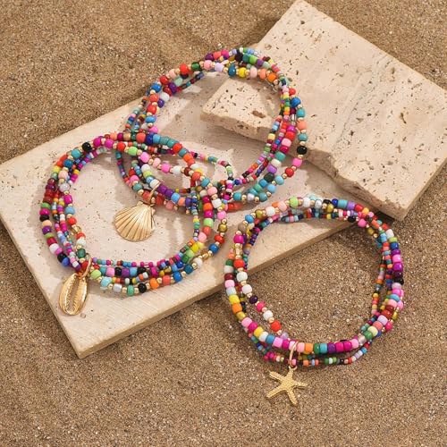 Starfish Shell Anklet Bracelets for Women, Boho Beaded Shell Anklet Set, Beach Vacation Foot Jewelry, Layered Summer Beachy Anklets - color: A3