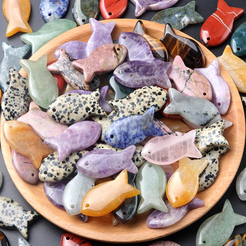 5PCS Fish Shaped Crystal Pendant Handmade Natural Stone Tiger Eye Amethyst Charms Leather Cord Necklaces Choker Jewelry