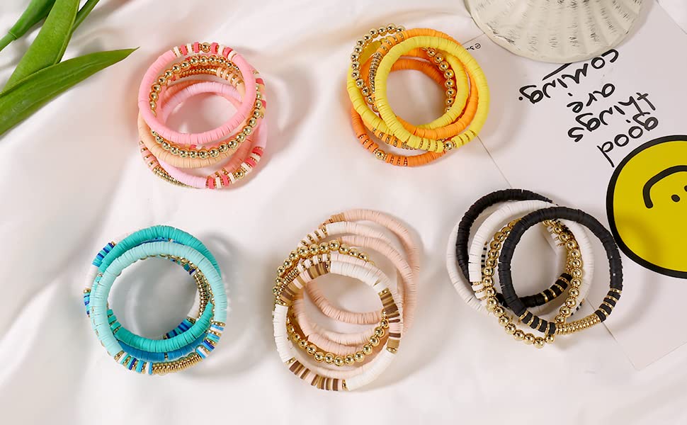 Elegance 11 designs Heishi Beaded Bracelets For Women Polymer Clay Colorful Surfer Stackable Beads Boho Bracelet Summer Beach Jewelry - color: Pink
