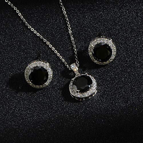 Bridal Crystal Jewelry Set - Sterling Silver Round Cubic Zirconia CZ Rhinestone Halo Birthstone Pendant Necklace Stud Earrings Set for Wedding Bride Bridesmaids Birthday Gift - color: Black