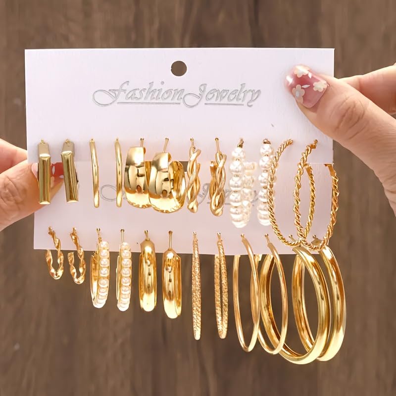 14K Gold Plated Geometric Hoop Earrings for Women Chunky Hypoallergenic Thick Lightweight Jewelry - color: Gold-12 Pairs