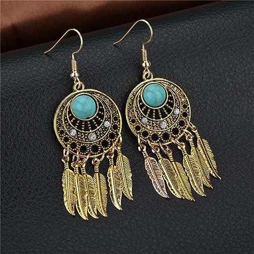 Dream Catcher Dangle Earrings for Women Retro Boho Style Metal Dangle Drop Earrings Vintage Bohemian Dream Catcher Statement Feather Dangle Tassels Turquoise Earrings Ethnic Feather Tassel Earrings Dream Catching Leaf Tassel Turquoise Earrings Jewelry - c