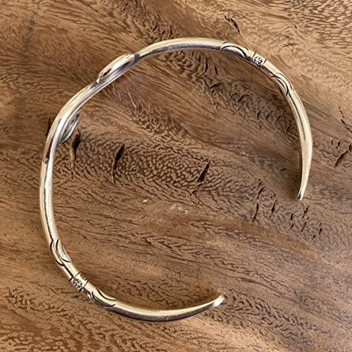 Sterling Silver Boho Cuff Bracelet with Spirals and Symbolic Engravings, Adjustable Handmade Engraved Ethnic Tribal Rounded, for Women (M-L) or Men (S-M)