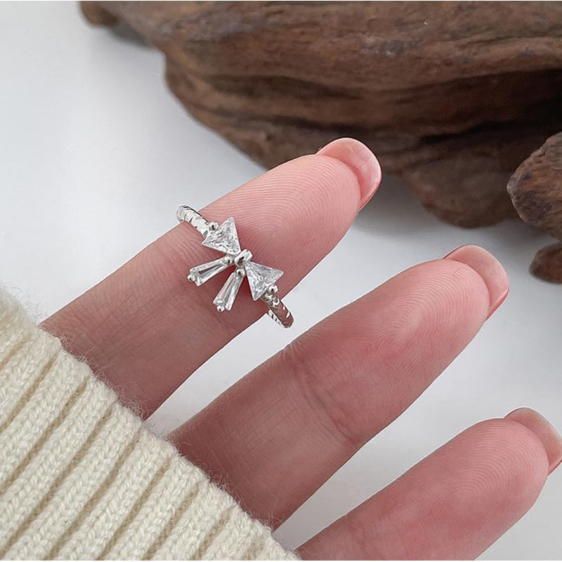 2Pcs Bow Rings for Women Elegant Sweet Coquette Ribbon Bowknot Rings Silver Dainty Crystal Bow Rings Minimalist Cute Statement Ring Adjustable Open Ring Trendy Christmas Birthday Jewelry Gift