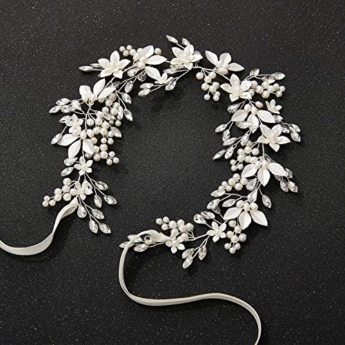SWEETV Handmade Rhinestone Wedding Headband Flower-Leaf Bridal Headpieces for Wedding Pearl Hair Accessories (Silver) - color: Silver